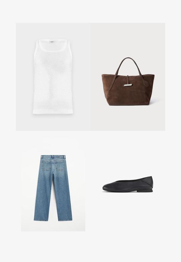 Witte mesh tanktop met een ademend, gestructureerd ontwerp, een ronde halslijn en brede schouderbanden. Geen zichtbare branding.; Lichtblauwe spijkerbroek met wijde pijpen, voorzien van twee achterzakken en een rafelige zoom. Gemaakt van een gestructureerde katoenstof.; Zwarte leren platte schoen met ronde teen en lage hak, ontworpen voor casual of formele gelegenheden.; Bruine suede tote bag met twee zachte handvatten, een verticale band met een zilveren accent en een brede, open bovenkant. Gladde textuur, minimalistisch ontwerp.