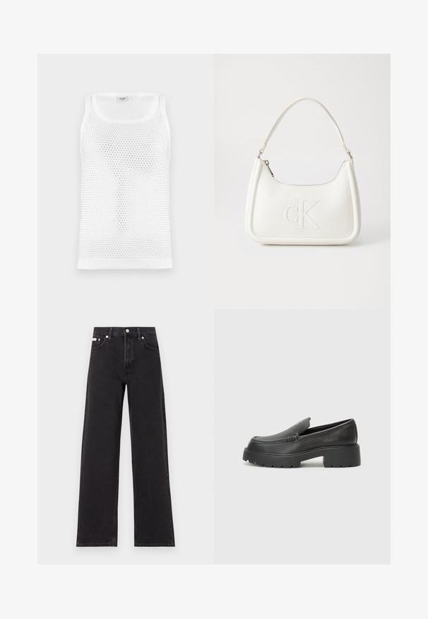 White mesh tank top featuring a breathable, textured design with a round neckline and wide shoulder straps. No visible branding.; Black wide-leg jeans made of denim, featuring a high-rise waist, five-pocket styling, and a metal button closure with contrasting stitching.; Black leather loafers with a rounded toe, thick textured sole, and minimal stitching details. Sleek design with no visible laces or hardware.; White leather handbag with a curved shape, featuring an embossed "CK" logo on the front and a single shoulder strap. Zipper closure at top.
