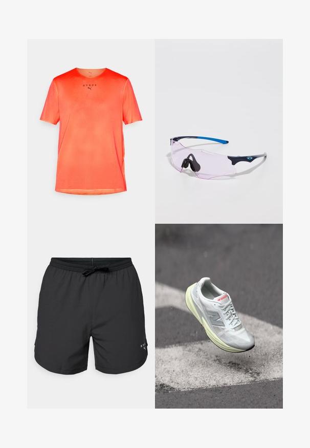 Czerwona siatkowa koszulka sportowa z krótkim rękawem, okrągłym dekoltem i czarnym napisem "HYROX" z przodu. Lekki, oddychający materiał o teksturowanym wykończeniu.; Czarne szorty kąpielowe z elastycznym paskiem w talii i sznurkiem do regulacji. Lekki materiał z bocznymi kieszeniami. Posiadają małe logo na brzegu.; Lekki but biegowy z białą siateczką u góry, żółtą podeszwą środkową i szarymi akcentami. Posiada wyraźne logo 'N' oraz fakturowaną powierzchnię.; Okulary sportowe z przezroczystymi różowymi soczewkami. Posiadają ciemnoniebieskie i jasnoszare oprawki. Regulowane noski zwiększają komfort noszenia.