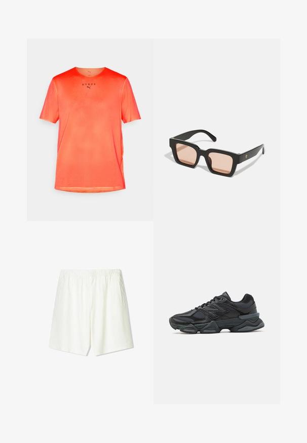 Punainen verkkokangasta urheilut-paita, jossa on lyhyet hihat, pyöreä pääntie ja musta "HYROX" -teksti etuosassa. Kevyt, hengittävä kangas, jossa on tekstuuripinta.; Vaaleanbeigeet shortsit, joissa on joustava vyötärö, kaksi sivutaskua ja suora lahje. Valmistettu pehmeästä ja hengittävästä kankaasta.; Musta juoksukenkä, jossa on yhdistelmä verkko- ja synteettisiä materiaaleja, paksu pohja, kaareva muotoilu ja näkyvä brändäys sivussa.; Mustat muoviset aurinkolasit suorakulmaisilla kehyksillä ja vaaleanpunaisilla sävytetyillä laseilla. Sivussa on logo-aksentti.