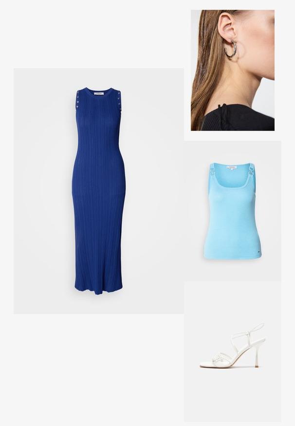 Világoskék, testhezálló ujjatlan blúz rugalmas anyagból. Fémes ezüst kiegészítőkkel a pántokon és négyzet alakú nyakkivágással rendelkezik. Simán érinthető felszín.; Ujj nélküli maxi ruha bordás kötött anyagból, élénk kék színben, fényes gombokkal díszített vállpántokkal, szellős, bővülő szegéllyel.; Fehér pántos magassarkú szandál lapos lábujjal, texturált elülső résszel, ráncolt díszítéssel és vékony bokapánttal.; Fémes ezüst színű vödör táska, texturált felülettel, ezüst kerek füllel és húzózárral, világoskék farmer mellett tartva.; Ez egy ezüst fülbevaló, sima felülettel, amelyen apró arany díszítőelemek találhatók. Kerek formájú és a fülcimpán viselik.