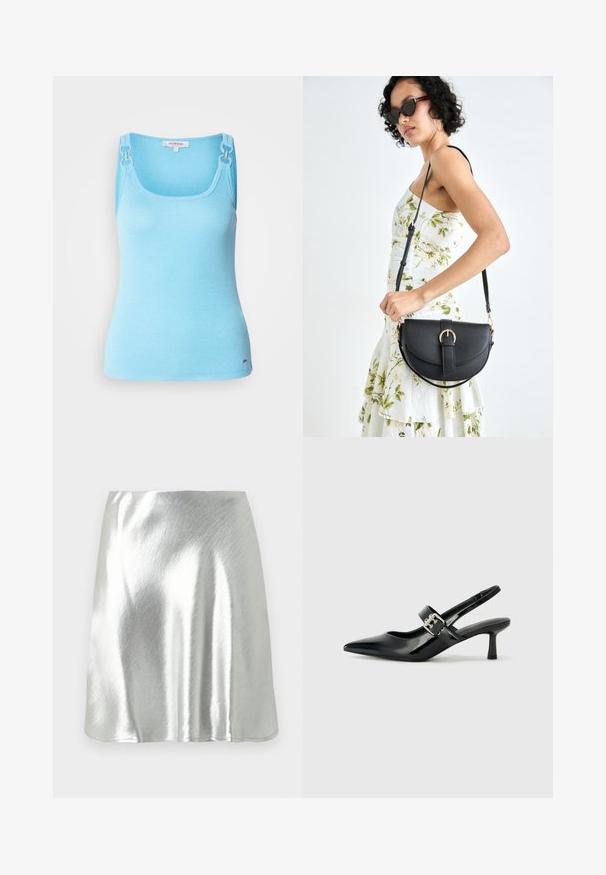 Top de tanque ajustado em azul claro, feito de material elástico. Apresenta detalhes em metal prateado nas alças e um decote quadrado. Textura suave.; Mini saia metálica prateada com textura suave e ligeiro brilho. Apresenta um design evasé e uma bainha simples e limpa.; Saltos slingback em verniz preto com bico pontiagudo e um pequeno salto bloco, apresentando um detalhe de fivela prateada na tira.; Bolsa de couro preta com forma curva, alça destacável e detalhes em dourado. A bolsa possui uma aba com detalhe de fivela.