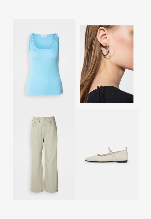 Hele sinine, kehaümber püüdev tank top, mis on valmistatud venivast materjalist. Omab hõbedast riideelemente rihmadel ja ruudukujulist kaelust. Sile tekstuur.; Heledad sinine laiad teksad, mis on valmistatud denimist, kõrge vöökoht, viis taskut ja kerge kulumine koos kontrastsetest õmblustest rõhutustega.; Valged nahast baleriinajalanõud terava ninaga, pahkluu rihma ja madala musta kontsaga. Sile tekstuur, väheste detailidega.; Hõbedane rõngas kõrvarõngas poleeritud viimistlusega, millel on väikesed kuldsed aktsendid ja ümmargune kuju, kantud lobus.