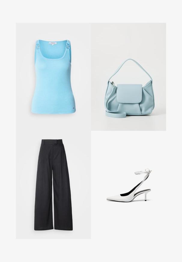 Világoskék, testhezálló ujjatlan blúz rugalmas anyagból. Fémes ezüst kiegészítőkkel a pántokon és négyzet alakú nyakkivágással rendelkezik. Simán érinthető felszín.; Sötét, bő szárú nadrág, struktúrált derékvonallal és redőkkel. Könnyű anyagból készült, sima tapintású, további látható minták nélkül.; Fehér, hegyes orrú, hátsó pánttal ellátott magassarkú cipők vékony boka pánttal. Finom bőrből készült, vékony tűsarkú, és fekete belső béléssel rendelkezik.; Világoskék bőrtáska, felső fogantyúval, elülső fedélzsebkémmel és levehető csuklószíjjal, fehér háttér előtt.