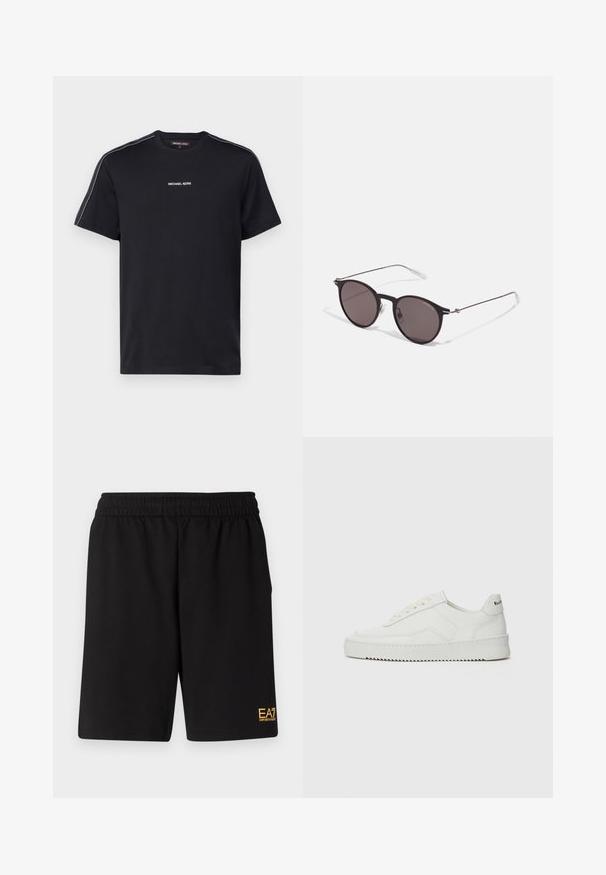 Černé bavlněné tričko s krátkým rukávem, kulatým výstřihem a bílým textem "MICHAEL KORS" na hrudi s kontrastními bočními pruhy.; Černé sportovní šortky vyrobené z měkké látky, s elastickým pasem a malým žlutým logem EA7 na dolní části levé nohy.; Bílé kožené tenisky s hladkým povrchem, kulatou špičkou, plochými tkaničkami a texturovanou podrážkou. Na patě se nachází nenápadné logo.; Černé kulaté sluneční brýle s tmavými skly a tenkými kovovými nohami. Obsahují průhledné koncovky nožiček a stříbrné akcenty na pantu. Minimalistický design.