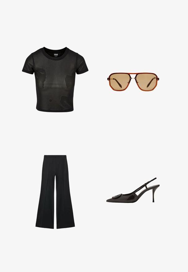 Črn skrajšan majica iz prosojnega materiala, z kratkimi rokavi in okroglim izrezom. Teksturna površina in kontrastne enobarvne obrobe.; Črne široke hlače z gladko teksturo, ki imajo sprednje nabore in kroj po meri. Tkanina je lahka in zračna.; Črne lakirane slingback čevlje s koničastim prstom, minimalističnim dizajnom, majhnim okroglim detajlom na vampu in ozkim petam.; Rjave osmerokotne sončne naočale s prozornim amber okvirjem in rjavimi lečami s senco. Imajo kovinski detajl na mostu in vitke temple.; Črna torbica z dvema kratkima ročajema in odstranljivim naramnim trakom. Gladek usnju podoben material z zadrgo in podrobnostmi z logotipom.