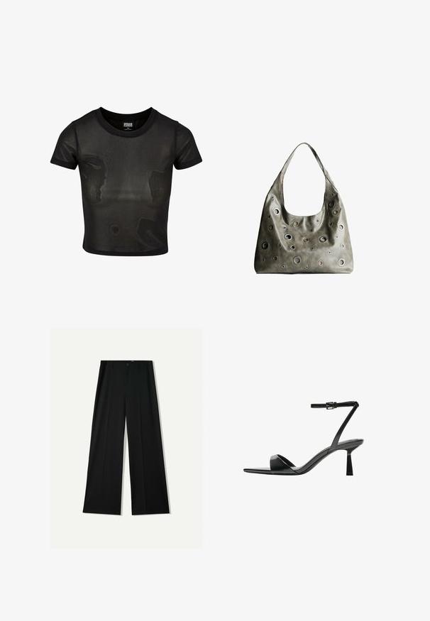 Tricou scurt negru, realizat dintr-o țesătură transparentă, cu mâneci scurte și decolteu rotund. Suprafață texturată și finisaje contrastante solide.; Bershka WIDE - Pantaloni - black; Bershka Sandale cu toc - black; Geantă din piele de culoare verde măslin, cu un design relaxat, având decupaje circulare de diverse dimensiuni și accente în nuanțe mai închise și mai clare.
