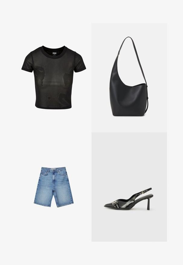 Černé zkrácené tričko vyrobené z průsvitné látky, s krátkými rukávy a kulatým výstřihem. Texturovaný povrch a kontrastní pevný lem.; Džínové šortky ve světle modré barvě, s klasickým designem pěti kapes, zipovým zapínáním a jemným vyblednutím. Rovný střih s ohrnutými okraji.; Černá lakovaná slingback obuv s špičatou špičkou, kotníkovými pásky s kovovými sponami a příslušenstvím, a štíhlým podpatkem.; Černá kožená hobo taška s hladkým povrchem, zakřiveným tvarem a jedním nastavitelným popruhem; má široké otevírání nahoře.
