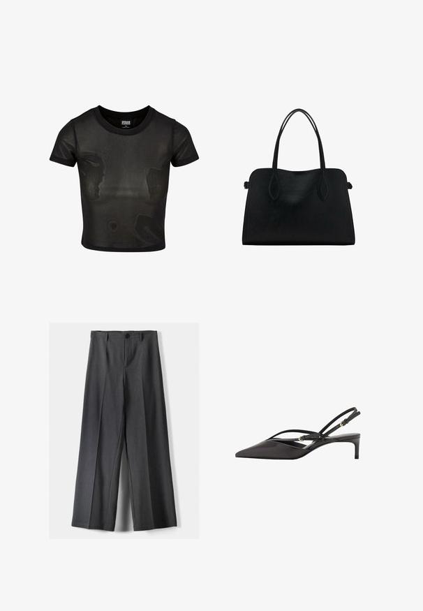 Black cropped t-shirt made from sheer fabric, featuring short sleeves and a round neckline. Textured surface and contrasting solid trim.; Wide-leg trousers in dark grey fabric, featuring a button closure, front pleats, and belt loops. Smooth texture with a tailored design.; Black leather slingback pump with a pointed toe, slender ankle straps, and a low stiletto heel. Smooth texture with minimalistic design.; Black leather handbag with dual shoulder straps, rectangular shape, and minimalistic design on a white background.