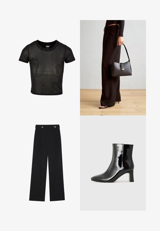 Crna skraćena majica od prozirnog materijala, s kratkim rukavima i okruglim izrezom. Teksturalna površina i kontrastni čvrsti rub.; Crne hlače širokih nogavica s visokim strukom, s dugmadi na pojasu i prednjim nabora.; Crne lakirane kožne gležnjače s šiljastim prstom i srednje visokom blok petom. Glatka tekstura i minimalistički dizajn.; Crna torba s oblikom koji sadrži strukturu, glađu teksturu i metalnu kopču. Uparena s širokim crnim hlačama i sandalama na otvorenom s drvenog poda.