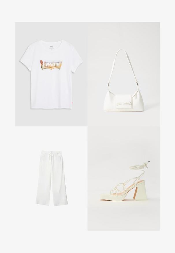 Biela tričko s krátkym rukávom, ktoré zobrazuje farebnú krajinu s nápisom "Levi's" v strede. Vyrobené z bavlny, má okrúhly výstrih.; Biele široké nohavice vyrobené z mäkkej látky, s pásekom na sťahovanie a dvoma prednými vreckami. Hladká textúra a bez viditeľných vzorov.; Biele sandále na vysokom opätku s hrubým podpätkom, s pruhovaným dizajnom a viazaním na členku. Hladký povrch s platformou vpredu pre zvýšenú výšku.; Biela syntetická kabelka s trojuholníkovým tvarom, plochým predným klapkou a detailom mašle, nastaviteľným popruhom, hladkou textúrou a minimalistickým dizajnom.