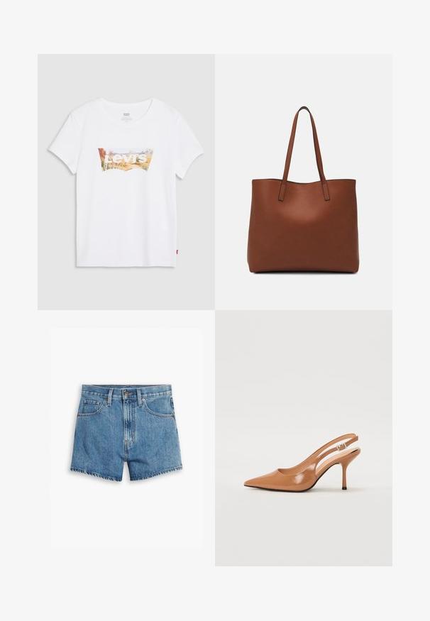 Valge lühikese varrukaga T-särk, millel on värviline maastiku graafika ja keskel tekst "Levi's". Valmistatud puuvillast, ümar kaelusega.; Heledad teksapüksid helesinisena, millel on viis taskut, tõmblukk ja nööpkinnitus. Varrukad on lõdvenenud ja servad on kulunud.; Küüntega slingback konts, mis on valmistatud siledast ja läikivast tan värvi materjalist. Omab kaarjat lõigatud disaini ja õhukest stiletto kontsa. Hõbedane pandla detail.; Pruun nahast tote-kott, millel on sile tekstuur, avatud ülaosa disain ja kaks õlarihma. Omab minimaalset õmblust ja nähtavat riistvara ei ole.