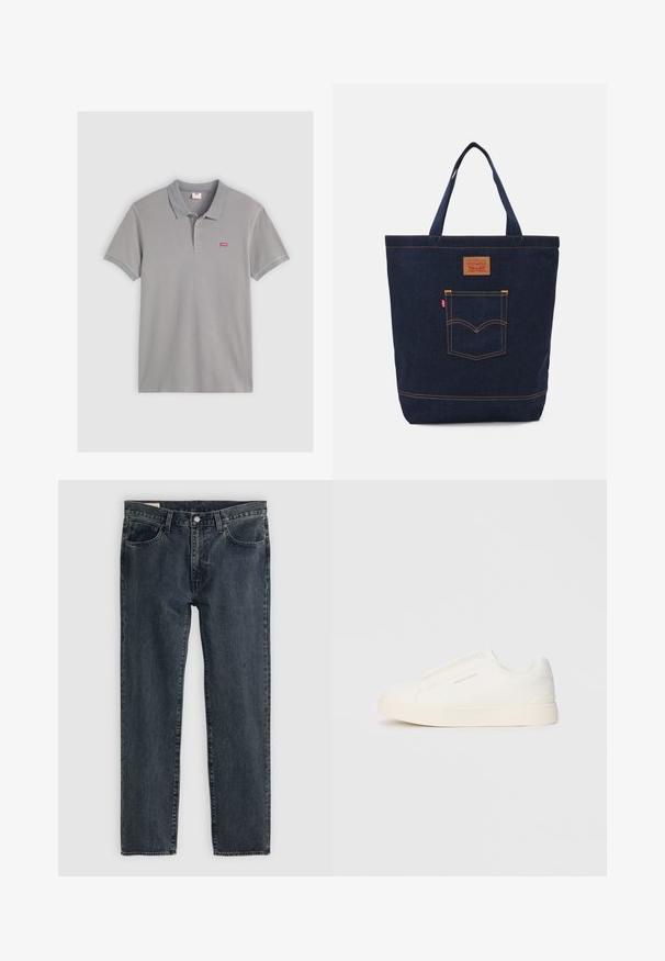 Hallhalli polo-särk, mis on valmistatud puuvilla segust, millel on kahe nupuga välistus, soonikkoes kaelus ja mansetid ning rinna peal on väike punane Levi's logo.; Tumedat sinised teksapüksid sirge jalaga disainiga, viie taskuga ja nupuga sulgemine. Kanga peal on peenheledus ja tekstuur.; Valged libisemiskindlad tossud tekstuuriga pinnaga, paksu tallaga ja minimalistikus disainis. Küljel on brändi logo.; Tume sinine teksakott kahe käepidemega, nähtavate õmblustega ning esiküljel klassikalise logo plaastriga tasku.