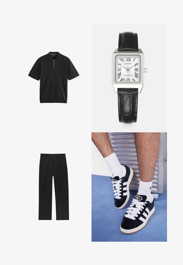 Next SHORT SLEEVE REGULAR FIT - Piké - black; Svarta byxor med rak ben-design, tillverkade av ett jämnt tyg. Har framfickor och en enkel knapplåsning i midjan.; Svarta mockaskor med vita snören och tre vita ränder. Har en rund svart logotyp på tungan och en gumminnedgummisula.; Silverfärgad fyrkantig klocka med vit urtavla, svarta romerska siffror och texten "VATTENRESIST". Svart läderarmband med strukturerad yta.