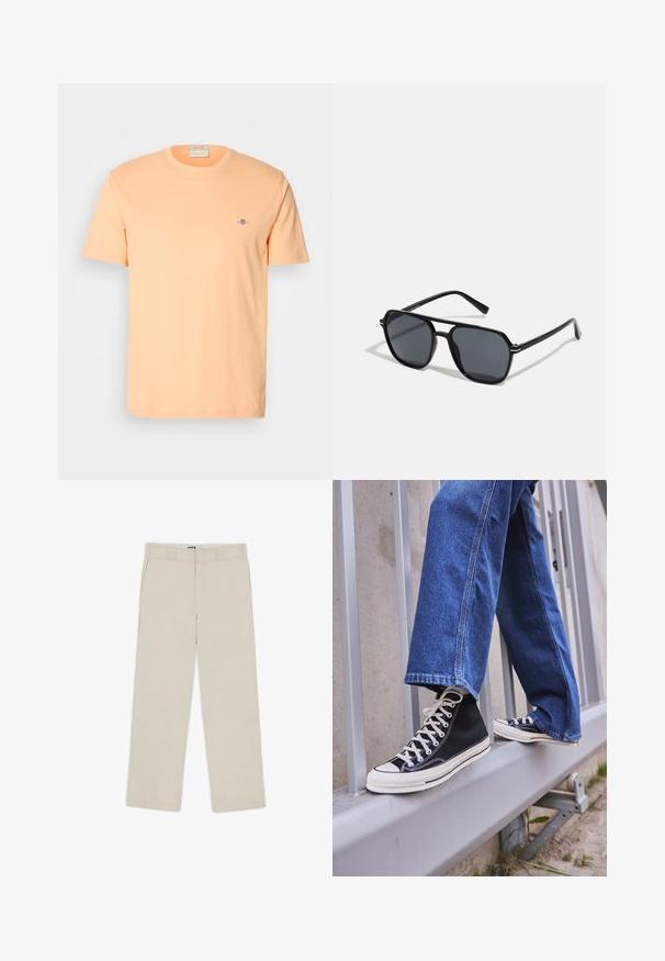 Lühikese varrukaga t-särk heledast virsiku puuvillast, millel on rindkeres väike sinine logo. Ümar kaelus sujuva tekstuuriga.; Beesidise laiad püksid sujuva tekstuuriga, millel on vöölõngad, kaks eesmist taskut ja lukuga sulgemine. Minimalistlik disain.; Mustad mustade kõrgete tossudega, millel on valge tallaga ja valged paelad, koos vaba sinise denimidega, mis puhkavad hallil piiridel.; Mustad mustad prillid oktaalpäistega, tumedad läätsed, läikiv viimistlus, õhukesed templid ja kuldsed aktsendid ees.; Kaks mustritud sallid: üks must valgete mustritega, teine pruun oranžide aktsentidega. Mõlemad on valmistatud satäänist ja neil on teravad otstest.