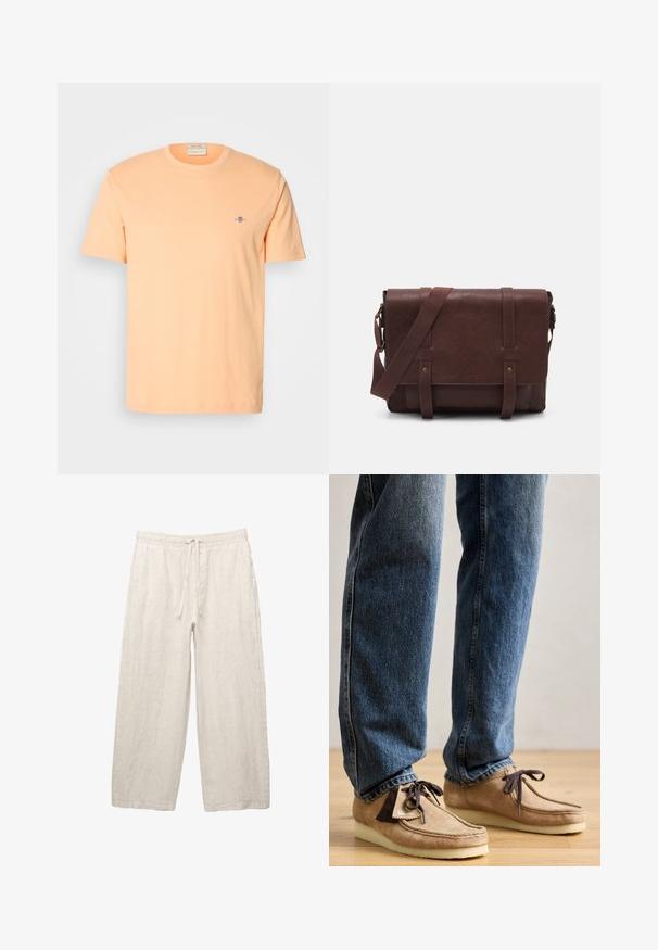 Kurzärmliges T-Shirt aus leichtem Pfirsichbaumwollstoff mit einem kleinen blauen Logo auf der Brust. Rundhalsausschnitt mit glatter Textur.; Leinenhosen in hellbeige, mit einem elastischen Bund und Zugkordel, weitem Beinansatz und seitlichen Taschen. Glatte Textur.; Wildleder-Mokassins in Tan mit dunkelbraunen Akzenten, runder Zehenform und weichem weißen Fußbett. Sie verfügen über ein Schnürdesign und gestickte Details.; Braune Leder-Umhängetasche mit einer flachen Vorderklappe, zwei Riemen, goldenen Hardware-Akzenten und einem verstellbaren Schultergurt.