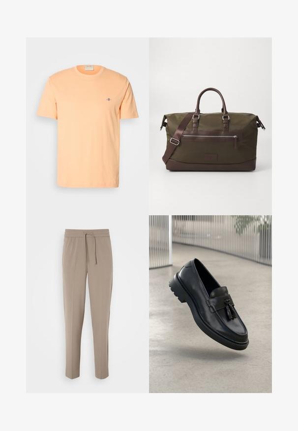 Lyhythihainen t-paita vaalean persikan väristä puuvillaa, jossa on pieni sininen logo rinnassa. Pyöreä pääntie ja sileä pinta.; Harmaat vaaleat housut, joissa on joustava vyötärö, säädettävä nyöri ja kapeat lahkeet. Kangas näyttää sileältä ja siinä on hienoinen kiilto.; Mustat nahkaiset loafersit, joissa on sileä pinta, koristeellinen hapsu, paksu kumipohja ja ommellut yksityiskohdat. Kevyt ja virtaviivainen muotoilu.; Kangasduffeli oliivinvihreänä, jossa on ruskeat nahkaosat. Varustettu kaksilla kahvoilla, irrotettavalla olkahihnalla ja edessä vetoketjullisella taskulla.