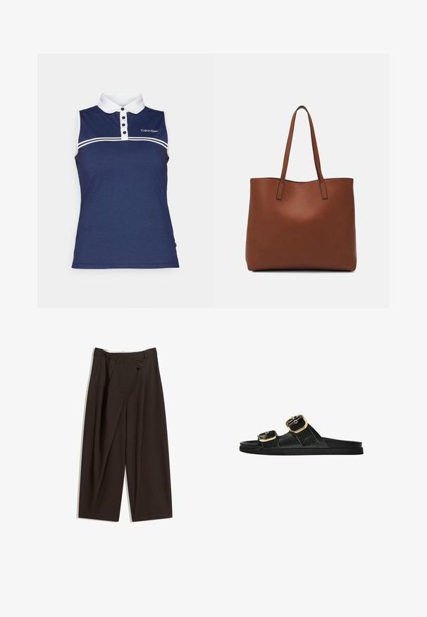 Námornícky bezrukávový polokošeľa vyrobená z textúrovanej látky, s bielym golierom, štyrmi gombíkmi na zapínanie a horizontálnymi bielymi pruhmi cez hrudník.; Tmavohnedé široké nohavice s vysokým pásom, s jedným gombíkom a záhybmi vpredu. Vyrobené z ľahkej textílie.; Čierne šľapky s dvoma zlatými prackami, hladký textúrovaný materiál, plochá podrážka a minimalistický dizajn.; Hnedá kožená taška na rameno s hladkou textúrou, otvoreným vrchom a dvoma ramenými popruhmi. Má minimálne šitia a žiadne viditeľné kovania.