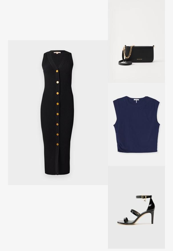 Námorně modrý zkrácený top bez rukávů vyrobený z měkké tkaniny, s kulatým výstřihem a mírně strukturovanými rameny, s hladkou texturou.; Černé pletené šaty s žebrováním, V výstřihem, bez rukávů a zlatými knoflíky po celé délce vpředu, s přiléhavým střihem.; Černé lakované kožené sandály se třemi pásky, sponou na kotníku a 10 cm jehlovým podpatkem. Obsahují zlaté kovové detaily a logo přívěsek.; Černá kožená kabelka na ruku se zlatým řetízkovým zdobením, hladkým povrchem a zlatým logem. Obsahuje nastavitelné ramenní popruhy pro všestranné použití.