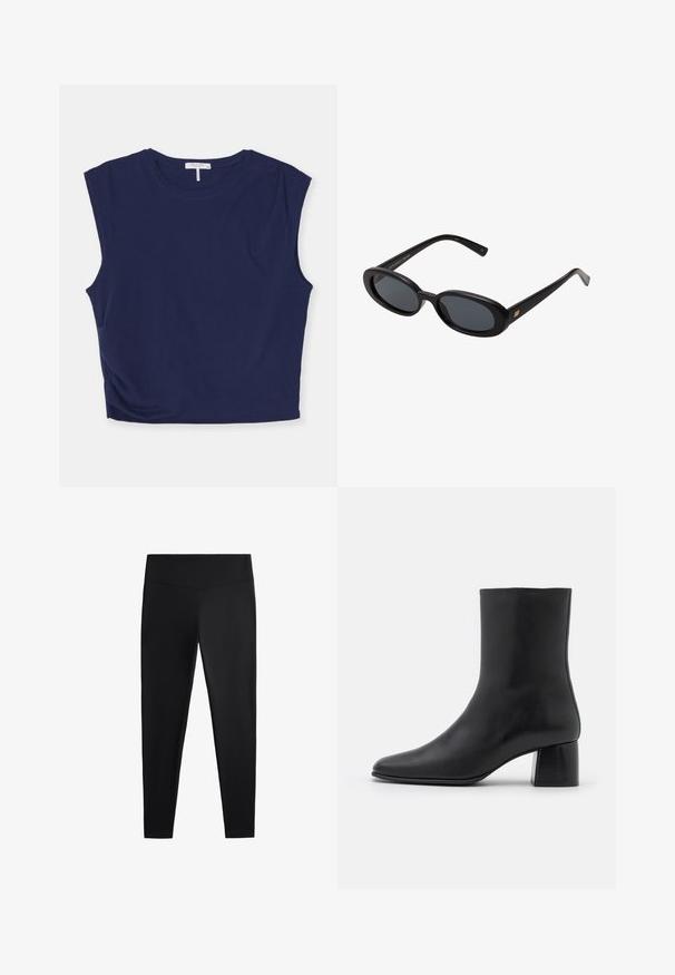 Granatowy krótki top bez rękawów wykonany z miękkiego materiału, z okrągłym dekoltem i nieco usztywnionymi ramionami, o gładkiej fakturze.; Czarne legginsy wykonane z gładkiego, elastycznego materiału. Posiadają szeroki pas oraz zwężany krój nogawek, odpowiednie zarówno do aktywności fizycznej, jak i na co dzień.; Czarne skórzane botki za kostkę z ostrym noskiem i masywnym kwadratowym obcasem. Gładka faktura z bezszwowym designem i minimalnym przeszyciem.; Czarne, oversize okulary przeciwsłoneczne z owalnymi soczewkami, gładkim plastikowym mostkiem i złotymi akcentami na zausznikach. Ciemne soczewki zapewniają ochronę przed słońcem.; Czarna torba tote wykonana z teksturowanego materiału, z dwiema długimi uchwytami oraz prostym, minimalistycznym wzorem, bez widocznych elementów metalowych.
