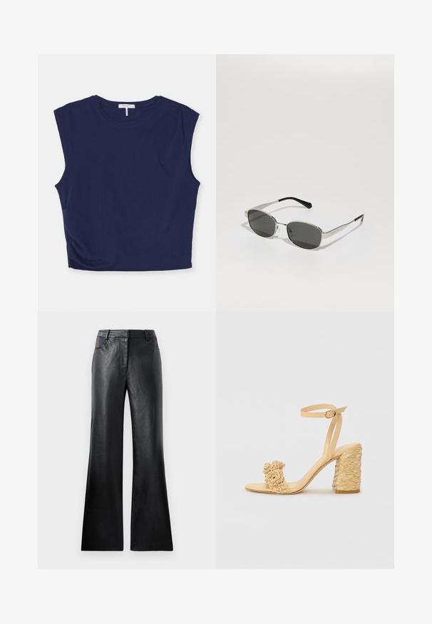 Námorně modrý zkrácený top bez rukávů vyrobený z měkké tkaniny, s kulatým výstřihem a mírně strukturovanými rameny, s hladkou texturou.; Černé kožené rozšířené kalhoty s hladkou texturou, které mají dvě přední kapsy s černými a hnědými akcenty poblíž pasu.; Beige sandálky na vysokém podpatku s pletenou texturou, vyznačující se ozdobnou květinou a náramkem kolem kotníku. Čtvercová pata zajišťuje stabilitu.; Sluneční brýle se šedými čočkami, štíhlým stříbrným kovovým rámem, průhlednými akcenty a černými koncovkami na nožičkách. Mají oválný tvar.; Tkaná hnědá taška přes rameno s otevřeným vzorem, obdélníkovým tvarem a dvěma pletenými držadly. Obsahuje pevný základ pro podporu.