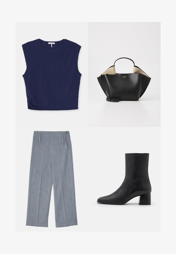 Tummansininen lyhyt ilman hihoja oleva paita, joka on valmistettu pehmeästä kankaasta. Paitassa on pyöreä kaula-aukko ja hieman rakenteelliset olkapäät, sekä sileä pinta.; Vaaleanharmaat, leveälahkeiset housut, jotka on valmistettu tekstuurilla varustetusta kankaasta. Housuissa on kaksi etupurjeet ja kaksi sivutaskua. Siisti, räätälöity muotoilu.; Mustat nahkasaappaat nilkkakorkeudella, joissa on terävä kärki ja tukeva neliön muotoinen korko. Sileä pinta, saumaton muotoilu ja minimalistinen ommel.; Ree Projects ANN TOTE MINI - Käsilaukku - black