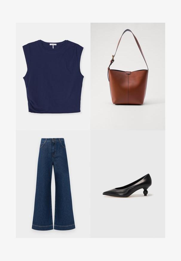 Marineblaues, kurzes ärmelloses Oberteil aus weichem Stoff, mit rundem Ausschnitt und leicht strukturierten Schultern sowie einer glatten Textur.; Weite blaue Jeans aus Denim mit hoher Taille, ausgestattet mit einem Knopfverschluss, Gürtelschlaufen und dezenten Stichdetails an den Taschen und Säumen.; Schwarze Leder-Pumps mit spitzem Zehenbereich und runder, ballförmiger Ferse. Glatte Textur mit einem eleganten, minimalistischen Design.; Braune Leder-Schultertasche mit geschwungener Form, glatter Textur und einem einzelnen dünnen Trageriemen. Verfügt über eine dezente Naht und ein kleines Logodetail.