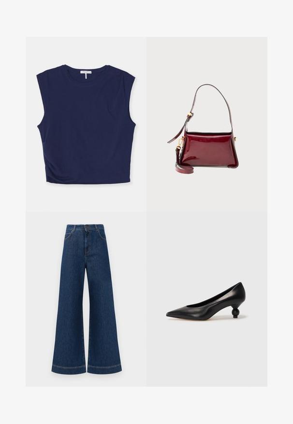 Navy blue cropped sleeveless top made of soft fabric, featuring a round neck and slightly structured shoulders, with a smooth texture.; Wide-leg blue denim jeans with a high waist, featuring a button closure, belt loops, and subtle stitching details along the pockets and hems.; Black leather high heel shoe with a pointed toe and a round, balled heel. Smooth texture with a sleek, minimal design.; Burgundy patent leather bag with a structured design, a top zip closure, and a detachable shoulder strap. Gold hardware accents.