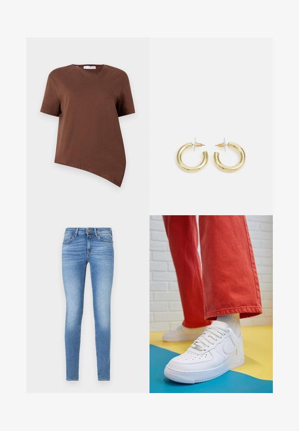 Hnědé tričko s krátkým rukávem vyrobené z jemné bavlny, s asymetrickým spodním lemem a mírným V-výstřihem. Hladká textura bez viditelných vzorů.; Slim-fit svetle modré džíny s středním pasem, předním knoflíkem a pěti kapsami.; Bílé kožené tenisky s perforovanou špičkou, texturovanou podešví a bílými tkaničkami, v kombinaci s širokými červenými kalhotami a modro-žlutým pozadím.; Zlaté kruhové náušnice s hladkým, lesklým povrchem. Kruhový design s malým kolíčkem a průhledným záznamem pro bezpečné nošení.