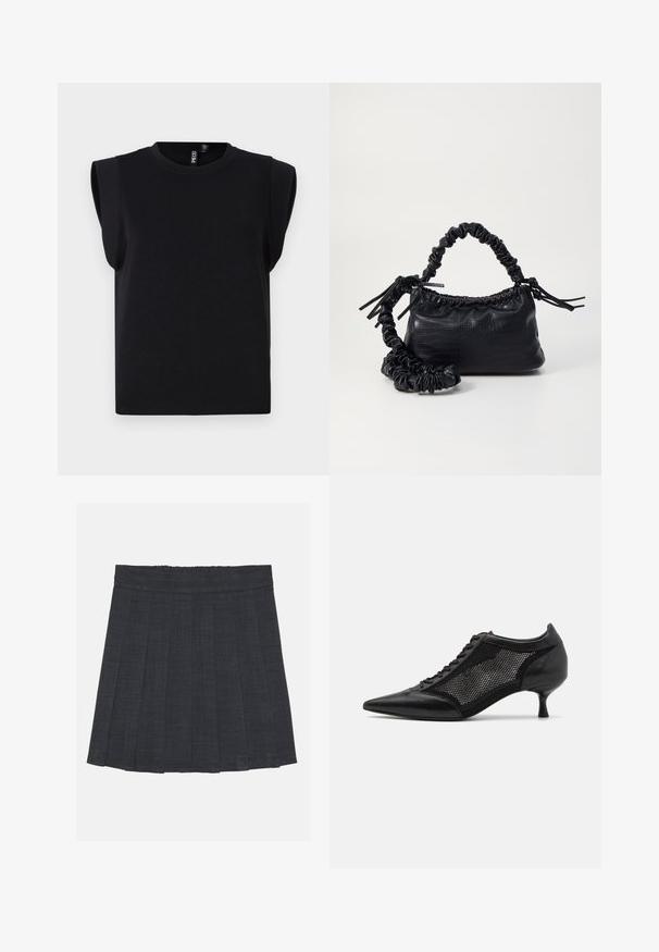 Melnā kokvilnas īsā krekla, ar plašiem plecu akcentiem, apaļu kakla izgriezumu un īsām piedurknēm. Gluda tekstūra, minimālistisks dizains.; Tumši pelēks plisēts svārki ar elastīgu jostu, ar teksturētu audumu un klasisku A formas siluetu. Piemēroti ikdienas valkāšanai.; Melnas norādītas kurpes ar sietu paneļa dizainu, kurām ir zems papēdis un šnuces priekšpuse. Izgatavotas no ādas un sieta materiāla kombinācijas.; Melnā mākslīgās ādas rokassoma ar krokodila rakstu, savilkta augšdaļa un saburzīta siksna. Izskatās mīksta un kompakta pēc dizaina.