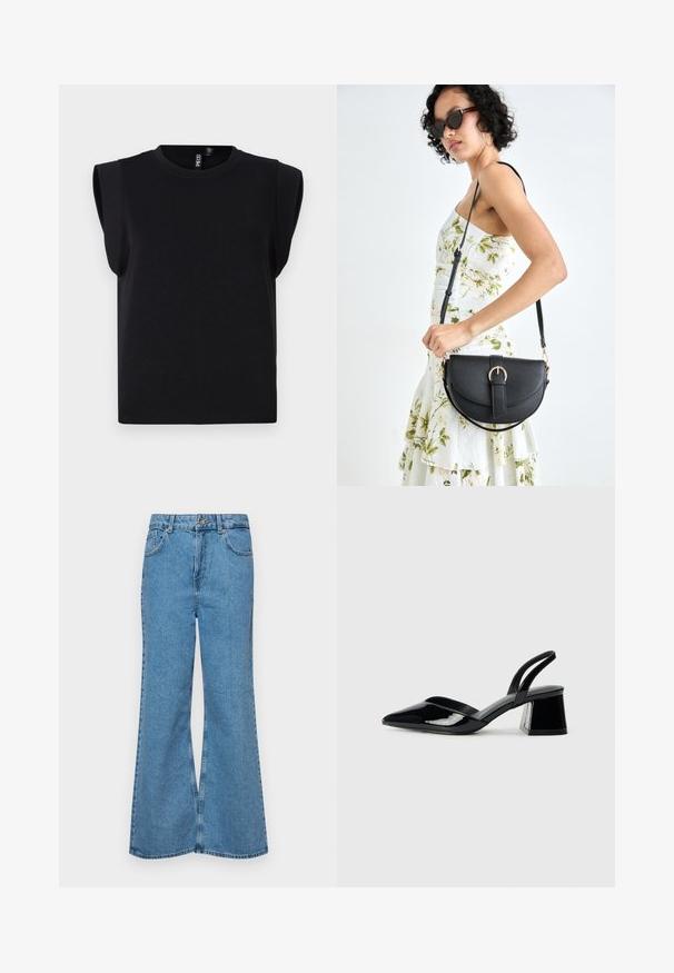 T-shirt cropped preto feito de algodão, com alças largas nos ombros, decote redondo e mangas curtas. Textura suave, design minimalista.; Jeans de brim azuis claros, com corte à boca de sino, apresentando uma cintura alta, cinco bolsos e um fecho de botão único. Textura macia com acabamento desbotado.; Sandy em verniz preto com salto slingback, ponta afilada e salto geométrico. Apresenta um design elegante e minimalista com textura suave.; Bolsa de couro preta com forma curva, alça destacável e detalhes em dourado. A bolsa possui uma aba com detalhe de fivela.