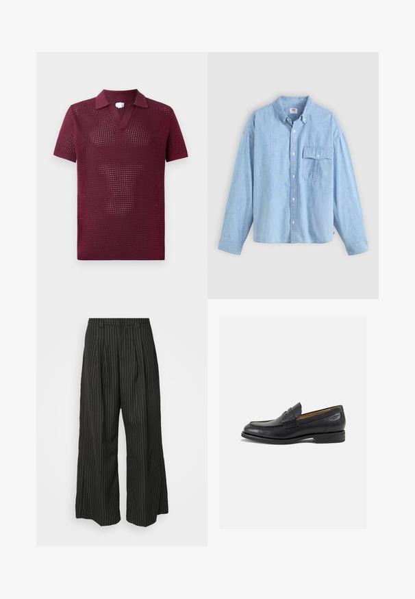 Bordeaux kortgerimpeld polo-shirt met een open geweven structuur, voorzien van een V-hals en een gestructureerde kraag, gemaakt van lichtgewicht breimateriaal.; Lichtblauwe button-up shirt gemaakt van chambray stof. Bevat een kraag, lange mouwen en een borstzak met een klep en knop.; Zwarte gestreepte wijde broek met plooien, met een op maat gemaakt ontwerp en een zachte textuur. Geen zichtbare hardware of accenten.; Zwarte leren loafers met een gladde afwerking, ronde neus en decoratieve stiksels op de wreef. Lage gestapelde hak en een lichte glans.