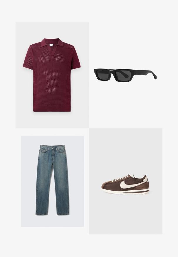 Burgundi lühikeste varrukatega polo särk tekstuurse avatava kudumisega, millel on V-kaelus ja konstruktsiooniga krae, valmistatud kerge kudumateriaali eest.; Sinised sirged teksad ees ja münditaskudega, vöörihmadega ja metallist nupuga kinnitamine ühevärvilisel taustal.; Pruunid spordijalatsid, mis on valmistatud segu suedes ja kanvasest, valge Nike swoosh logo ning tekstuurse kummist tallaga.; Mustad musta raami prillid, millel on paksud templid ja tumedad läätsed. Valmistatud plastikust, sileda mati viimistlusega.