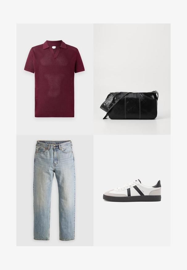 Bordeaux kortærmet polo-shirt med tekstureret åben væv, har V-hals og en struktureret krave, lavet af let strikket materiale.; Lysblå denim jeans med høj talje, frontknap, lynlås og fem-lomme design, lagt fladt på en neutral baggrund.; Hvide sneakers med sorte og grå detaljer, med en tekstureret grå tåhætte, sort gummisål og flade hvide snørebånd. Rent design, minimalistisk stil.; Sort læder skuldertaske med lynlås, der har en tekstureret overflade, hvid syning og en rem med sølvøskner.
