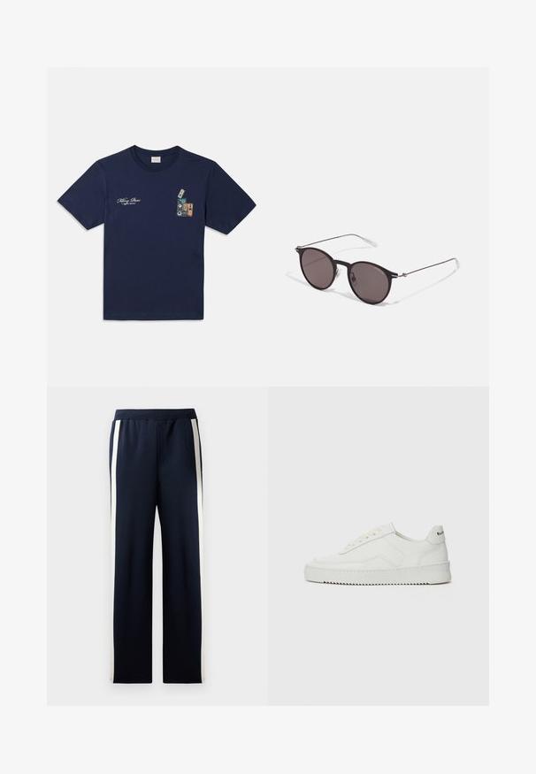 Tumed sinise värvi puuvillane T-särk lühikeste varrukatega, mille rindu kaunistab graafika kuhjatest kaubandusteipidest ja tekst "Killing Bees".; Tumedad spordipüksid laia sääre disainiga, mille külgedel on vertikaalsed kreemivärvi triibud. Valmistatud pehmest, tekstuuriga kangast, elastse vöökoha jaoks.; Valge nahast tennis, millel on sile põhi, ümar varvas, lamedad nöörid ja tekstuuriline tall. Sisaldab diskreetset logo kontsaribal.; Mustad mustad prillid tumedate läätsedega ja õhukeste metallist käepidemetega. Kaarja kujuga seljaosa ja hõbedased aktsendid hingel. Minimalistlik disain.