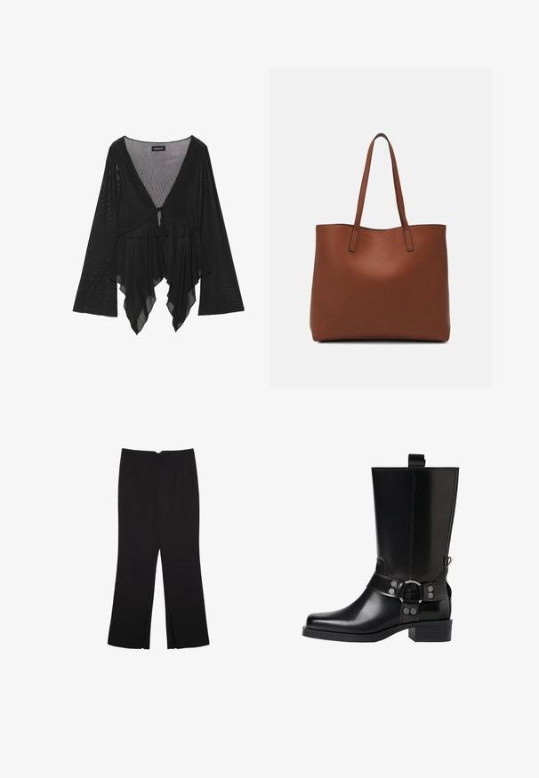 Crna prozirna bluzica s dugim rukavima u obliku zvona, dubokim V-izrezom i detaljem vezanja sprijeda. Ima lepršavi, slojeviti rub s suptilnom teksturom.; Crne hlače ravnog kroja, s prednjim džepovima i bočnim prorezima na rubu. Izrađene od mekog i glatkog materijala. Pogodne za razne prigode.; Crne kožne čizmice do koljena s šiljastim prstima, sličnim srebrnim kopčama i debelim potplatima. Imaju rupicu za lakše oblačenje.; Smeđa kožna torba preko ramena s glatkom teksturom, otvorenim vrhom i dvjema naramenicama. Ima minimalne šavove i nema vidljivog hardvera.