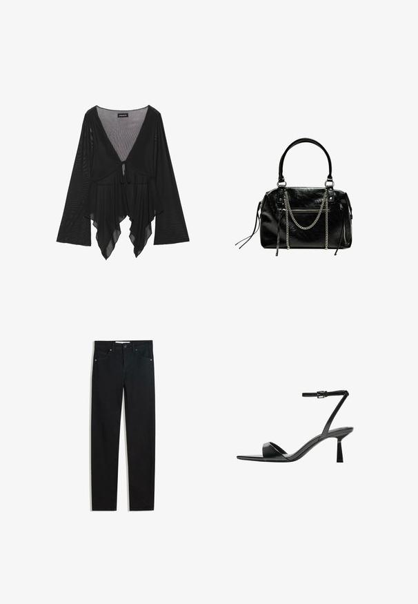 Zwarte transparante blouse met lange klokmouwen, diepe V-hals en voorste strikdetails. Heeft een vloeiende, gelaagde zoom met subtiele textuur.; Zwarte denimbroek met een recht silhouet, vijf zakken, metalen knoopsluiting en subtiele stikdetails. Gladde textuur.; Bershka Sandalen met hoge hak - black; Bershka WITH CHAIN - Handtas - black