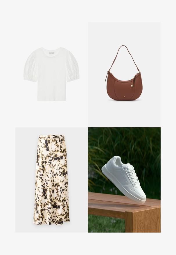 White cotton t-shirt featuring sheer, embroidered puff sleeves. Classic round neck design with a relaxed fit. Simple and modern aesthetic.; A knee-length skirt in a light fabric with a beige, brown, and green abstract pattern. Features a fitted waistband and flowing design.; White sneaker with a smooth synthetic upper, perforated toe box, flat laces, and a textured sole, displayed on a wooden surface.; Brown faux leather shoulder bag with curved shape, minimal stitching, and a gold-tone hardware accent. Features a top zipper closure and adjustable strap.