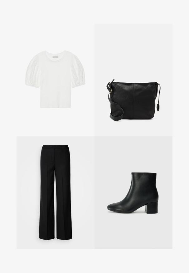 Biela bavlnená tričko s priesvitnými, vyšívanými pufovanými rukávmi. Klasický okrúhly výstrih s voľným strihom. Jednoduchá a moderná estetika.; Čierne široké nohavice z hladkej tkaniny, s vysokým pasom, zúženými švami a minimalistickým dizajnom. Žiadne viditeľné kovové prvky alebo vrecká.; Čierne kožené členkové čižmy s špicatou špičkou a hrubým podpätkom. Hladká textúra s minimálnymi akcentmi a elegantným, priliehavým dizajnom.; Čierna kožená crossbody taška s plochým tvarom, zlatými kovovými akcentmi a nastaviteľným popruhom. Hladký povrch s minimálnymi švíkmi.