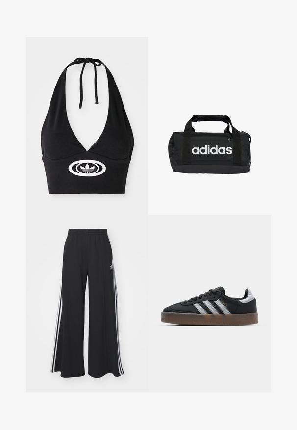Juoda halterio tipo palaidinė iš briaunoto audinio, su gilia V formos iškirpte ir centre esančiu baltu logotipu su trimis juostelėmis. Kraštu surišama ant kaklo.; Juodos plačios kojų džinsinės kelnės su elastingu juosmeniu, turinčios baltas šonines juosteles ir išsiuvinėtą logotipą kairiajame šlaunyje.; Juodi sportbačiai su elegantišku dizainu, turintys tris baltas juosteles, juodą liežuvėlį ir tekstūruotą rudą gumos padas. Auksinės rašybos akcentai.; Juodas sportinis krepšys su baltu Adidas logotipu, pagamintas iš tvirto audinio. Yra du rankenų poros ir užtrauktukas. Tekstūruotas paviršius su sustiprintu dugnu.