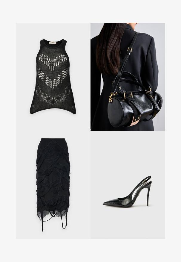 Black knitted tank top with a sleeveless design. Features an open weave pattern and a scalloped bottom. Label reads "AERON."; Black skirt featuring layered lace accents, a fitted waistband, and adjustable straps. The design includes a wave-like pattern throughout.; Black slingback pump with a pointed toe, textured snake pattern, stiletto heel, and a decorative buckle on the strap.; Black leather handbag with a rounded shape, featuring gold hardware and adjustable straps. Accents of textured black leather and beige detail.