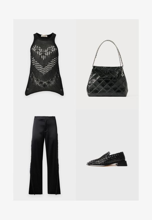 Juodas megztas be rankovių tankas. Pasižymi atviru austu raštu ir dantuotu apačios kraštu. Etiketėje nurodyta "AERON".; Juodos satino kelnės su plačiomis kojomis, kurių šoninėse siūlėse yra kutai, o priekyje – plokščias juosmuo. Paprastas galas be kišenių.; Juoda odinė pinta neslystančio pado batų pora su žemu blokiniu kulnu ir banguotu kraštu, pristatyta ant balto fono.; Juoda pūsta odinė rankinė su sidabrine grandinėlės rankena, pasižyminti struktūruotu dizainu ir lygiu paviršiumi.