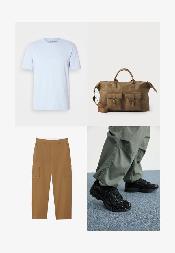 Gaiši zils īsām piedurknēm T-krekls, izgatavots no kokvilnas, ar apaļu kakla izgriezumu un mazu izšūtu logo uz krūtīm. Gluda tekstūra.; Ceri brūni cargo bikses ar divām sānu kabatām, plakanu priekšpusi un taisnu kāju griezumu. Izgatavotas no izturīgas auduma ar gludu tekstūru.; Melni sporta apavi ar spīdīgu un sieta tekstūru, ar biezu zoli un auklām, kombinēti ar brīvām olīvzaļām kravas biksēm.; Brūns ādas ceļojumu soma ar diviem priekšējiem kabatām, regulējamu plecu siksnu, zelta detaļām un stingrām augšējām rokturiem. Gluda tekstūra.