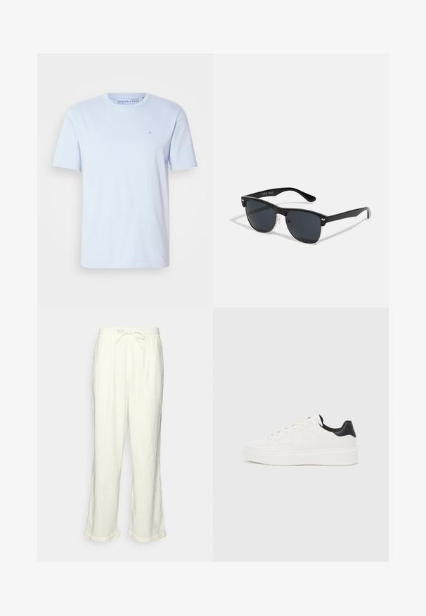 Hele sinine lühikeste varrukatega T-särk, mis on valmistatud puuvillast, omades ümarat kaelust ja väikest tikandiga logo rinnal. Sile tekstuur.; Lina püksid tühjas valges, millel on paelaga vöökoht, veidi laiemad sääred ja keeratud varrud mugavaks istumiseks. Taskud puuduvad.; Valge nahast sneaker, millel on reljeefne muster, tekstureeritud valge vaheline tall ja must kannaaktsent. Omab ümarat nina ja lamedat paelavarrast.; Mustad mustmikrooni kujuga mustad prillid, tumedate klaasidega, hõbedased detailid templite juures ja mati viimistlusega raam.
