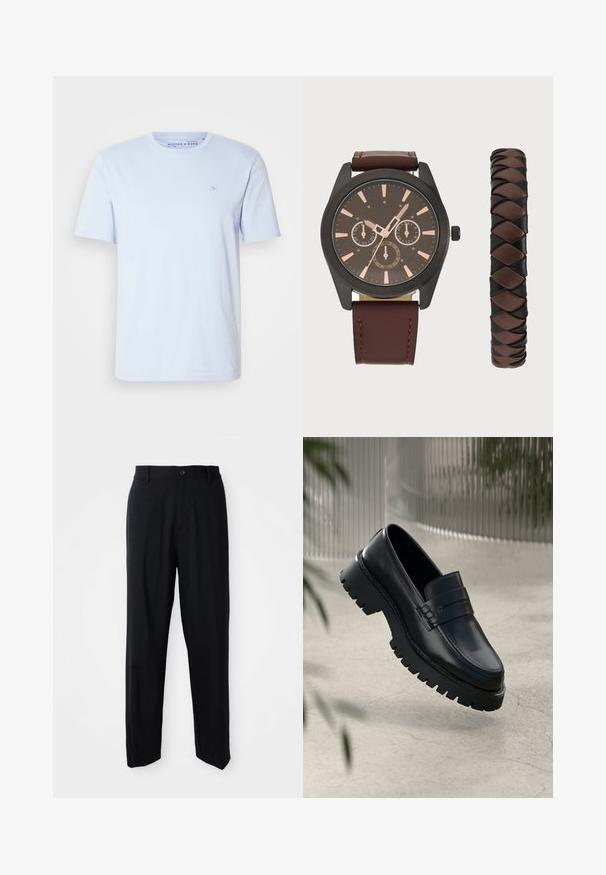Lysblå kortærmet T-shirt lavet af bomuld, med en rund halsudskæring og et lille broderet logo på brystet. Glat tekstur.; Sorte lige bukser med bæltestropper, knaplukning og et slankt, minimalistisk design på en neutral baggrund.; Sorte læder loafers med en chunky sål, der har en dekorativ rem og syninger. Glat tekstur med en poleret overflade.; Pier One SET - Ure - black/brown
