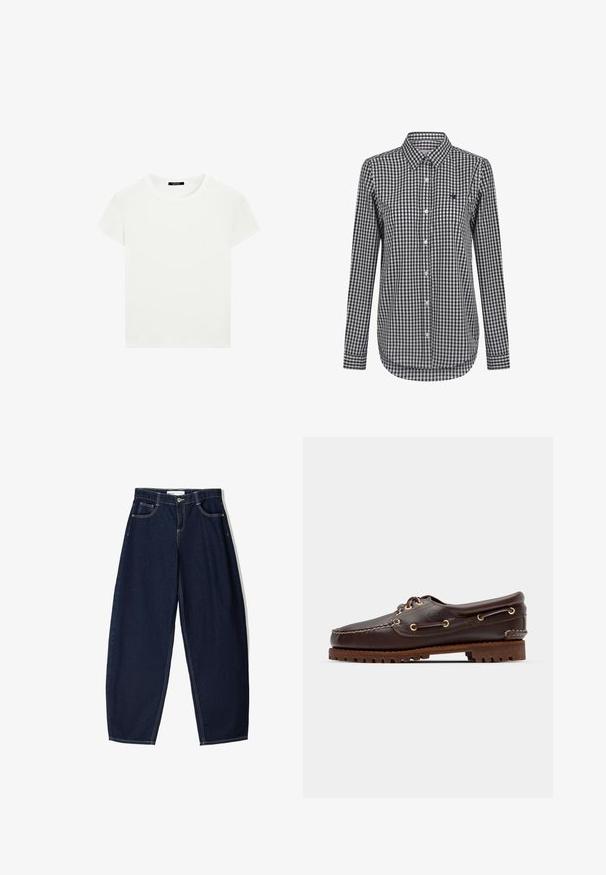 Schlichtes weißes T-Shirt mit kurzen Ärmeln und Rundhalsausschnitt in schlanker Passform, flach vor einem weißen Hintergrund präsentiert.; Langärmliges kariertes Hemd in Schwarz und Weiß, mit Button-Down-Kragen und abgerundetem Saum. Enthält ein kleines Logo auf der Brust.; Dunkelblaue Jeanshose mit lockerer Passform, ausgestattet mit fünf Taschen, kontrastierenden Nähten und einem Reißverschluss vorne.; Braune Lederbootsschuhe mit goldenen Ösen, runden Schnürsenkeln und einer strukturierten braunen Gummisohle. Verfügt über genähte Details und ein erhabenes Logo.