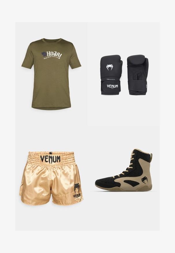 Olivenfarget bomulls T-skjorte, rund hals, korte ermer, med hvit og marineblå trykt tekst og et logo foran. Lett stoff.; Gylne sateng bokseshorts med svart "VENUM" logo på midjebåndet og siden, med en jevn tekstur og elastisk midjebånd for komfort.; Høye idrettssko med svart nettverksutside og beige detaljer. Teksturert gummisåle og logo på siden.; Svarte boksehansker med en glatt tekstur, med en hvit Venom-logo og justerbar borrelåsstropp for sikker passform.