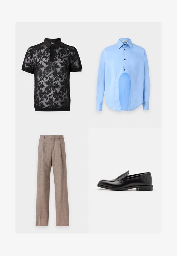 The Kooples PULL - Polosärk - black; Heledsinine pikkade varrukatega särk, millel on terav krae, mustad nupud ja ainulaadne lõige ees eristuva disaini jaoks.; Prunnid, kõrge vöökohaga püksid, mis on valmistatud tekstureeritud kangast. Omavad laiu jalgu ja kahte eesmist voldikut struktuuri jaoks. Korralik viimistlus, ilma nähtava riistvarata.; Mustad mustad nahast loafers sileda tekstuuriga, ümarat ninaosa ja dekoratiivne riba vampi üle. Madal kihiline konts, minimalistlik disain.