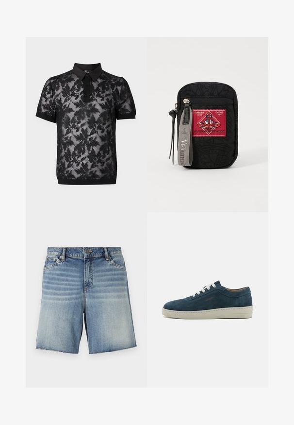 The Kooples PULL - Polo krekls - black; Gaiši zili džinsu šorti ar izbalinātu dizainu, piecu kabatu stils un neapstrādāta apakšmala. Iekļauta metāla pogas un rāvējslēdzēja aizdare.; Zilas zamšādas apavi ar noapaļotu purngalu, baltiem šņorēm un gumijas zoli. Iekļauj diskrētu šuvumu un zīmola akcentu sānos.; Melns maisiņš ar teksturētu audumu, ar sarkano ielāpu ar logo, ar rāvējslēdzēju un pelēku siksnu ar iegravētu zīmola nosaukumu.