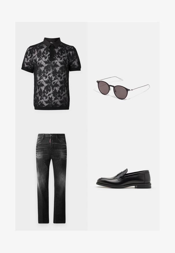 The Kooples PULL - Poloshirt - black; Zwarte denim jeans met een rechte pasvorm. Beschikt over vervaagde gebieden, lichte slijtage, klassiek vijf-pocket ontwerp en een knoopsluiting.; Zwarte leren instappers met een gladde textuur, ronde neus en een decoratieve band over de wreef. Lage, gestapelde hak en minimalistisch ontwerp.; Zwarte ronde zonnebril met donkere lenzen en slanke metalen armen. Inclusief heldere tempelpunten en zilveren accenten bij de scharnier. Minimalistisch ontwerp.